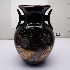 Japanese Black Ceramic Vase W/Peacock & Floral Motif